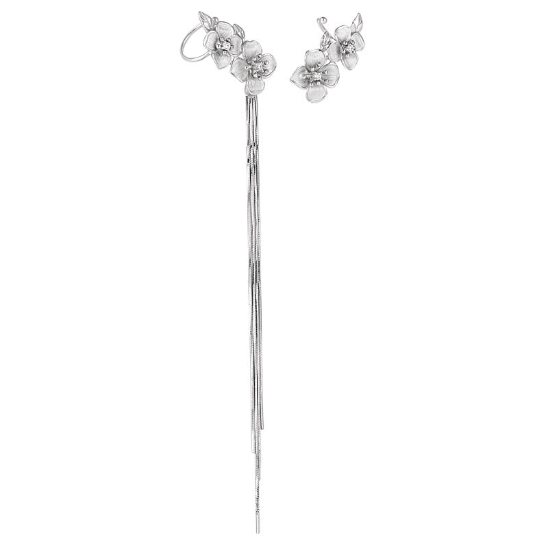Asymmetric Women Peach Blossom Flower Tassels CZ 925 Sterling Silver Dangling Earrings