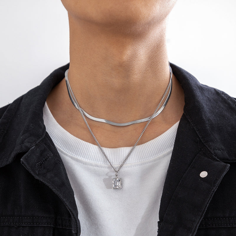 Get set with a square diamond snake chain and light luxury herringbone necklace