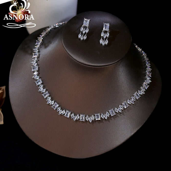 Classic White Modern Cut CZ Wedding Necklace and EarringSet