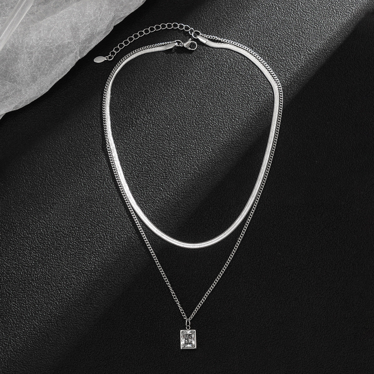 Get set with a square diamond snake chain and light luxury herringbone necklace
