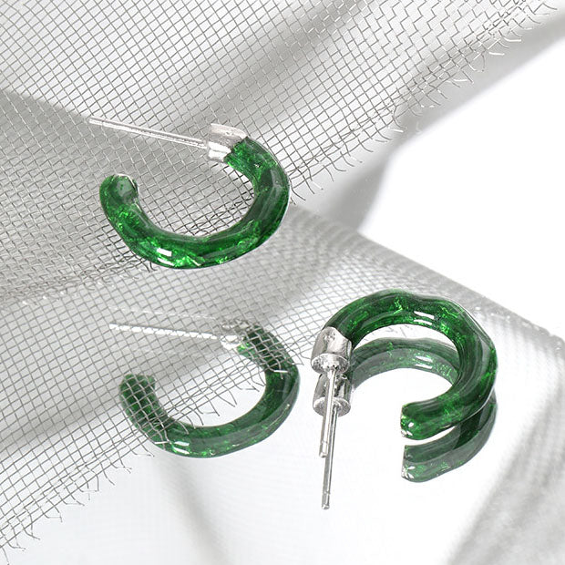 Jade Green C Shape 925 Sterling Silver Hoop Earrings
