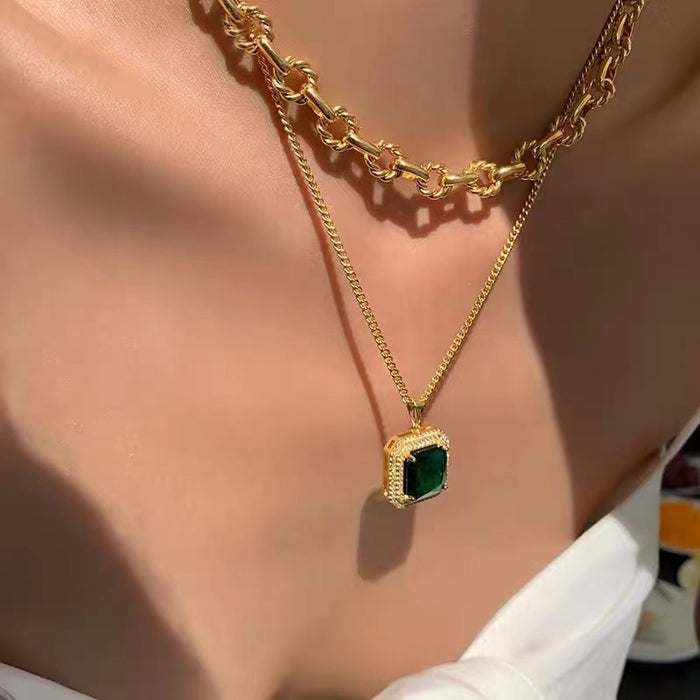 Luxurious Green Zircon Geometric Square Pendant Short Necklace