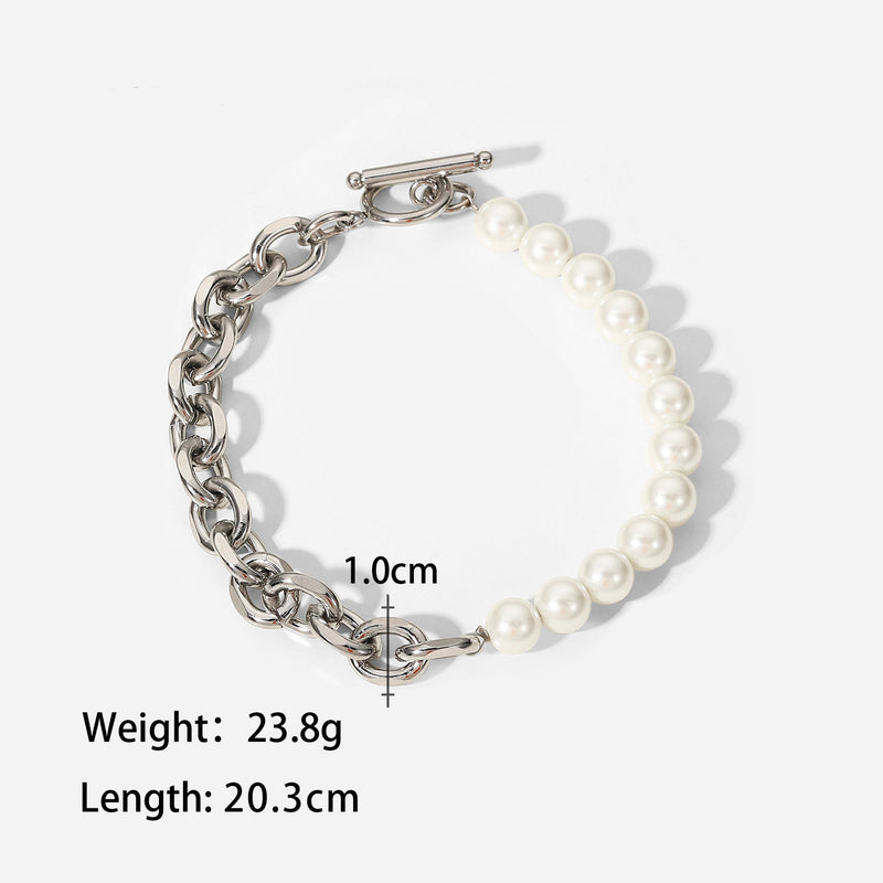 Fashionable pearl and stainless steel two chain bracelet