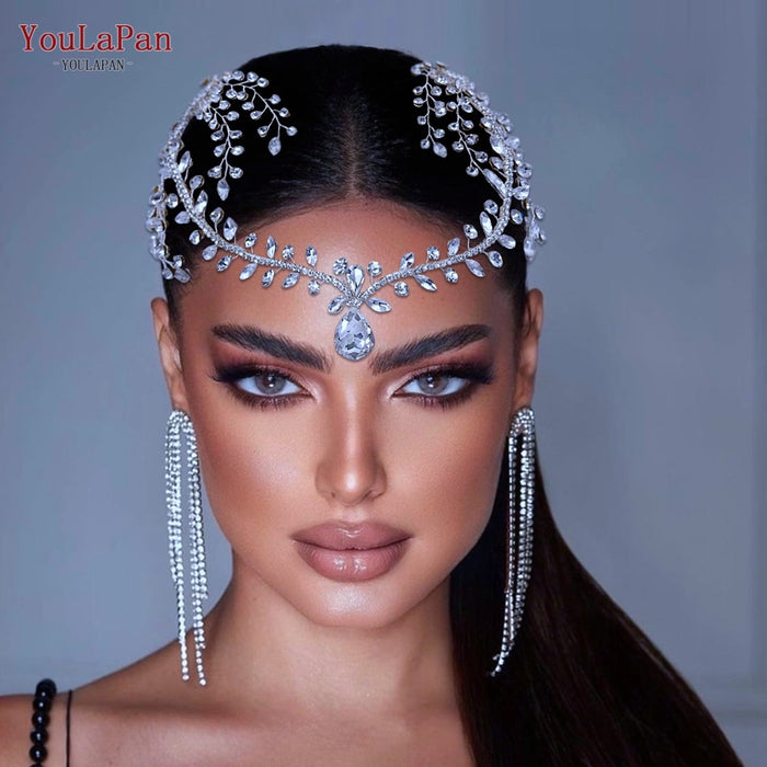 Luxury Rhinestone Wedding Water Drop Forehead Headband with Combs