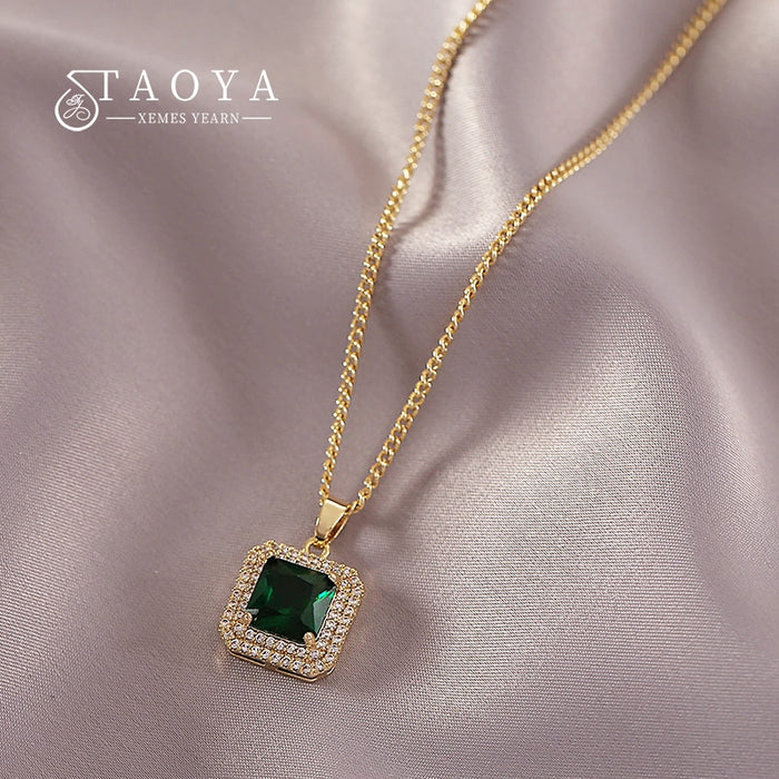 Luxurious Green Zircon Geometric Square Pendant Short Necklace