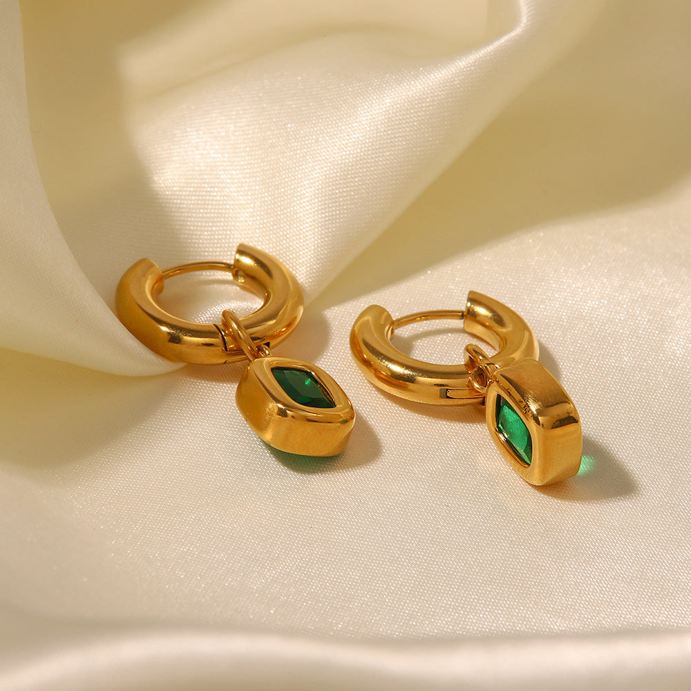 18k Gold Fashion Vintage Inlaid Green Zircon Drop Earrings