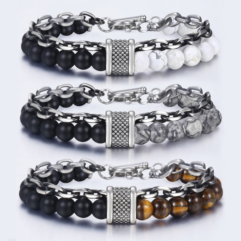 Intertwined Stainless Steel Chain and Beaded Bracelet