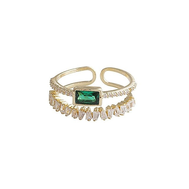 Emerald and White CZ Double-layer Open Ring